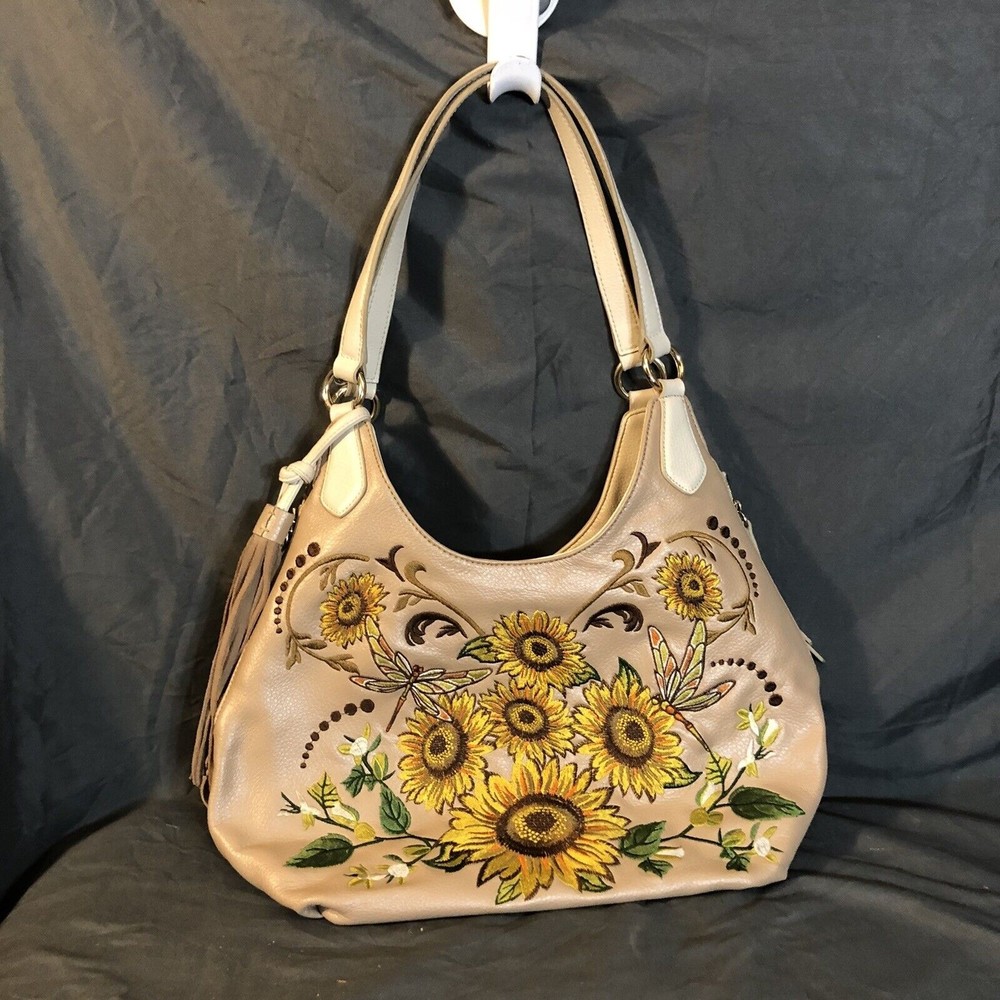 SHARIF Embroidered Bright Floral Sunflowers Tan Leather Shoulder Bag